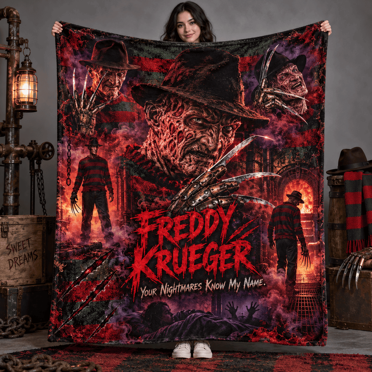 Freddy Krueger Fedora And Bladed Glove Fleece Blanket For Fans Facing Their Nightmares NDN Person Holding Blanket