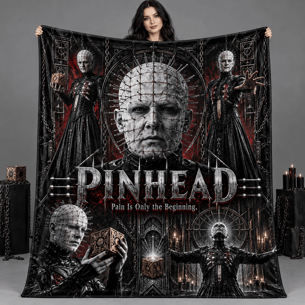 Pinhead Pale Portrait And Hanging Chains Fleece Blanket For Fans Of Dark Dimensions NDN Person Holding Blanket