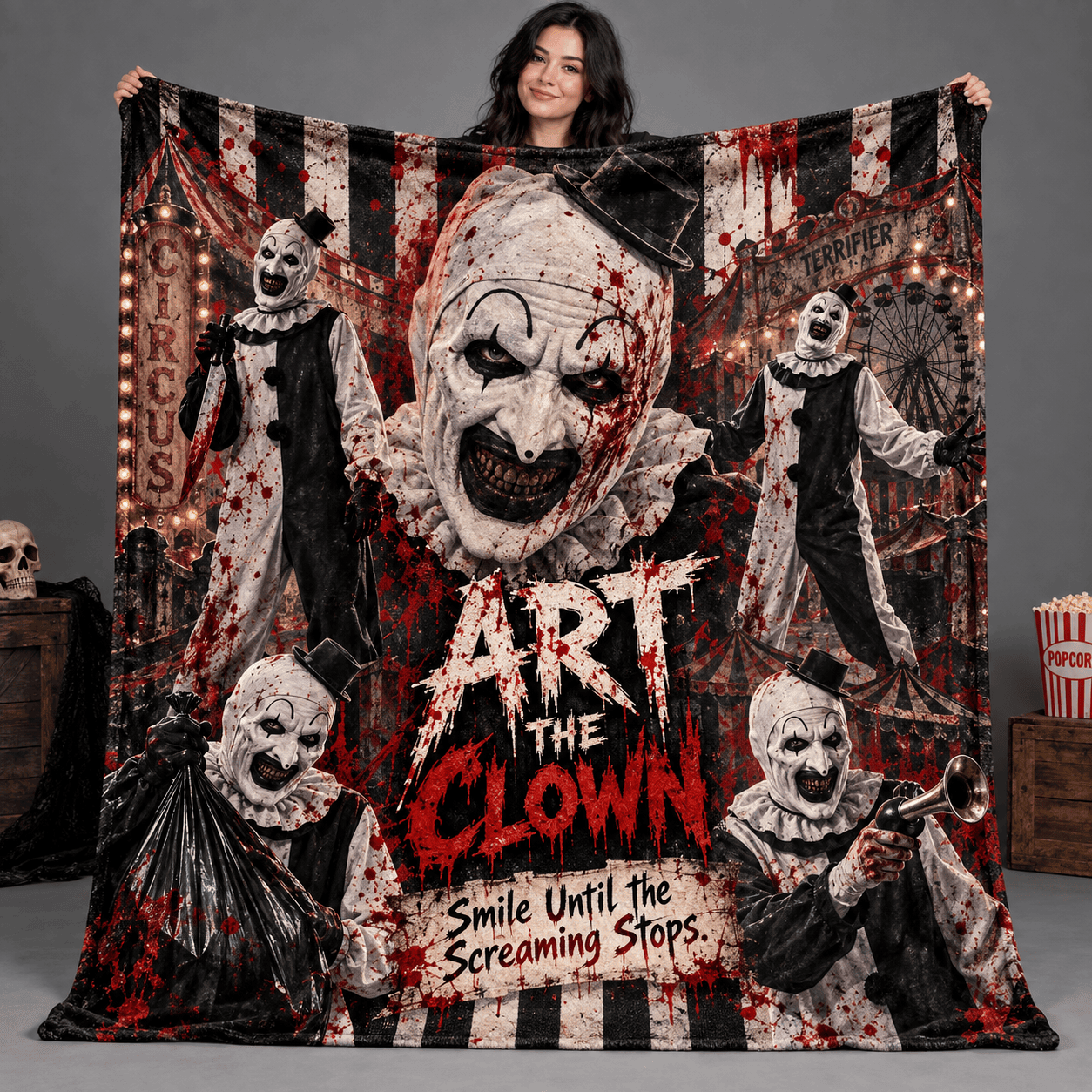 Art The Clown Portrait And Circus Rays Fleece Blanket For Terrifying Halloween Nights NDN Person Holding Blanket