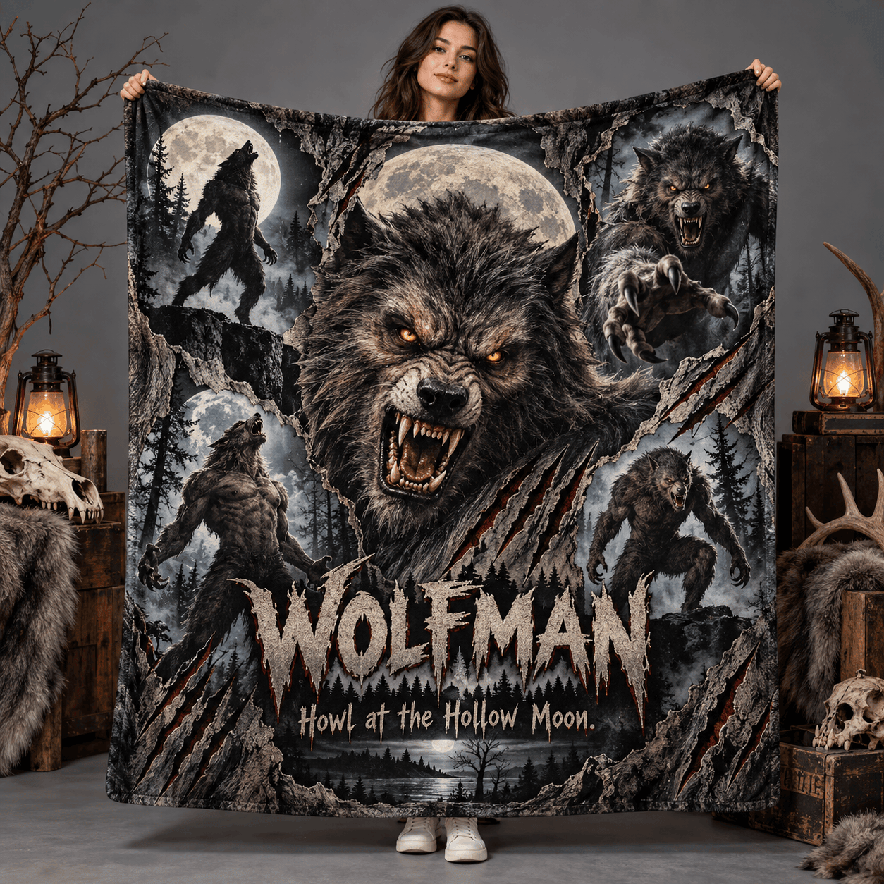 Wolfman Snarling Portrait And Full Moon Fleece Blanket For Fans Of Moonlit Monster Tales NDN Person Holding Blanket