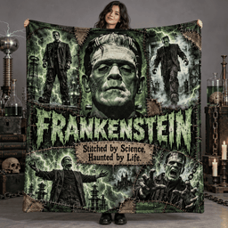 Frankenstein Green Monster Portrait And Lightning Fleece Blanket For Fans Of Classic Horror Nights NDN Person Holding Blanket