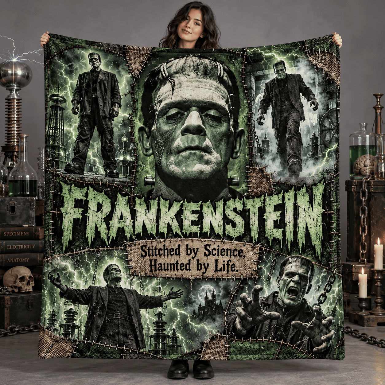 Frankenstein Green Monster Portrait And Lightning Fleece Blanket For Fans Of Classic Horror Nights NDN Person Holding Blanket