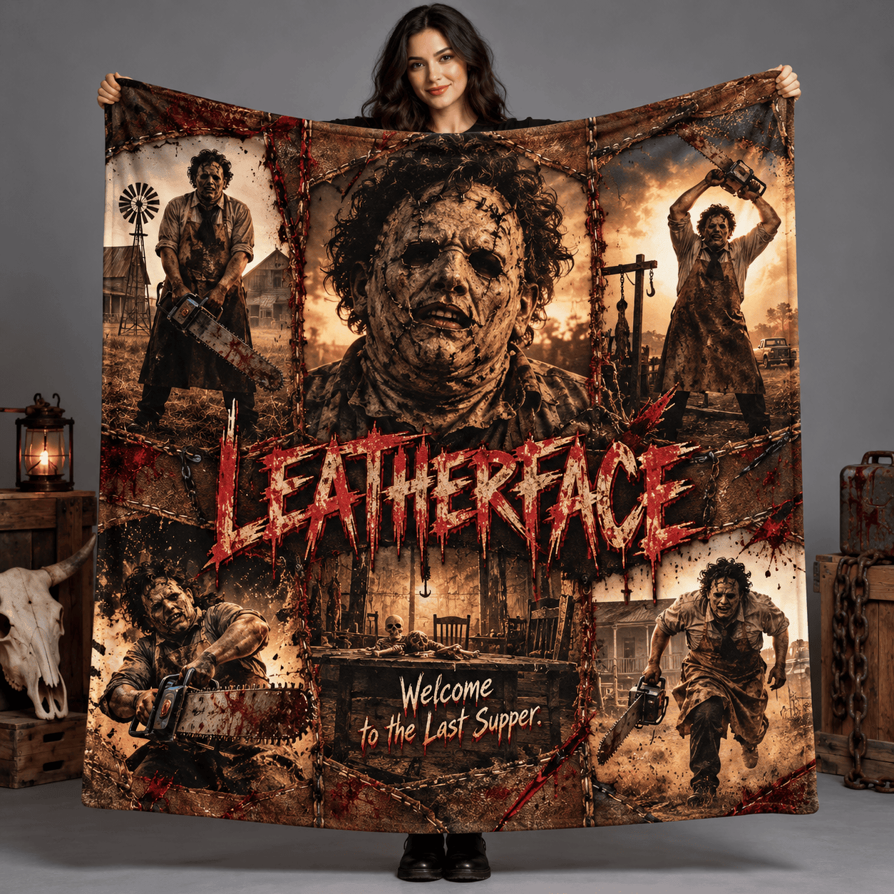 Leatherface Sepia Portrait And Chainsaw Figures Fleece Blanket For Fans Of Backwoods Horror Nights NDN Person Holding Blanket