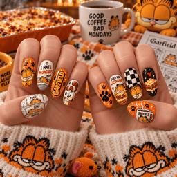 Garfield Lasagna and Checkerboard Cartoon Press-On Nail Set for Comic Fans NDN Press On Nail Worn Image
