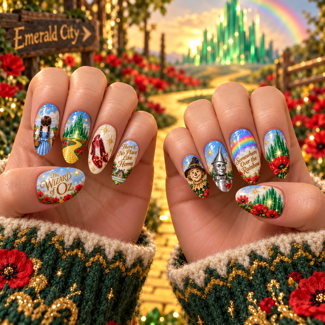 The Wizard of Oz Yellow Brick Road Character Press-On Nail Set for Classic Movie Fans NDN Press On Nail Worn Image