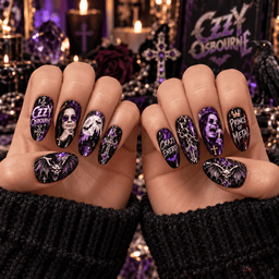 Ozzy Osbourne Crazy Train Gothic Portrait Press-On Nail Set for Heavy Metal Fans NDN Press On Nail Worn Image