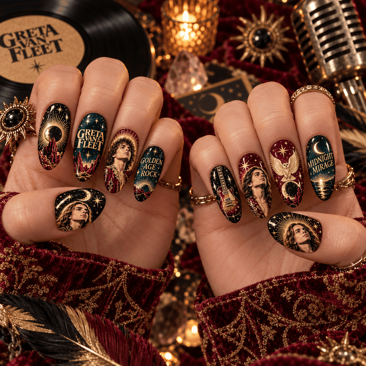 Greta Van Fleet Sepia Band Portrait Press-On Nail Set for Classic Rock Fans NDN Press On Nail Worn Image