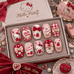 Hello Kitty Pink Bows Hearts and Cherries Press-On Nail Set for Cute Character Fans NDN Press On Nail Product Image