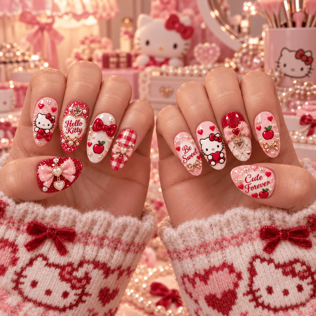 Hello Kitty Pink Bows Hearts and Cherries Press-On Nail Set for Cute Character Fans NDN Press On Nail Worn Image