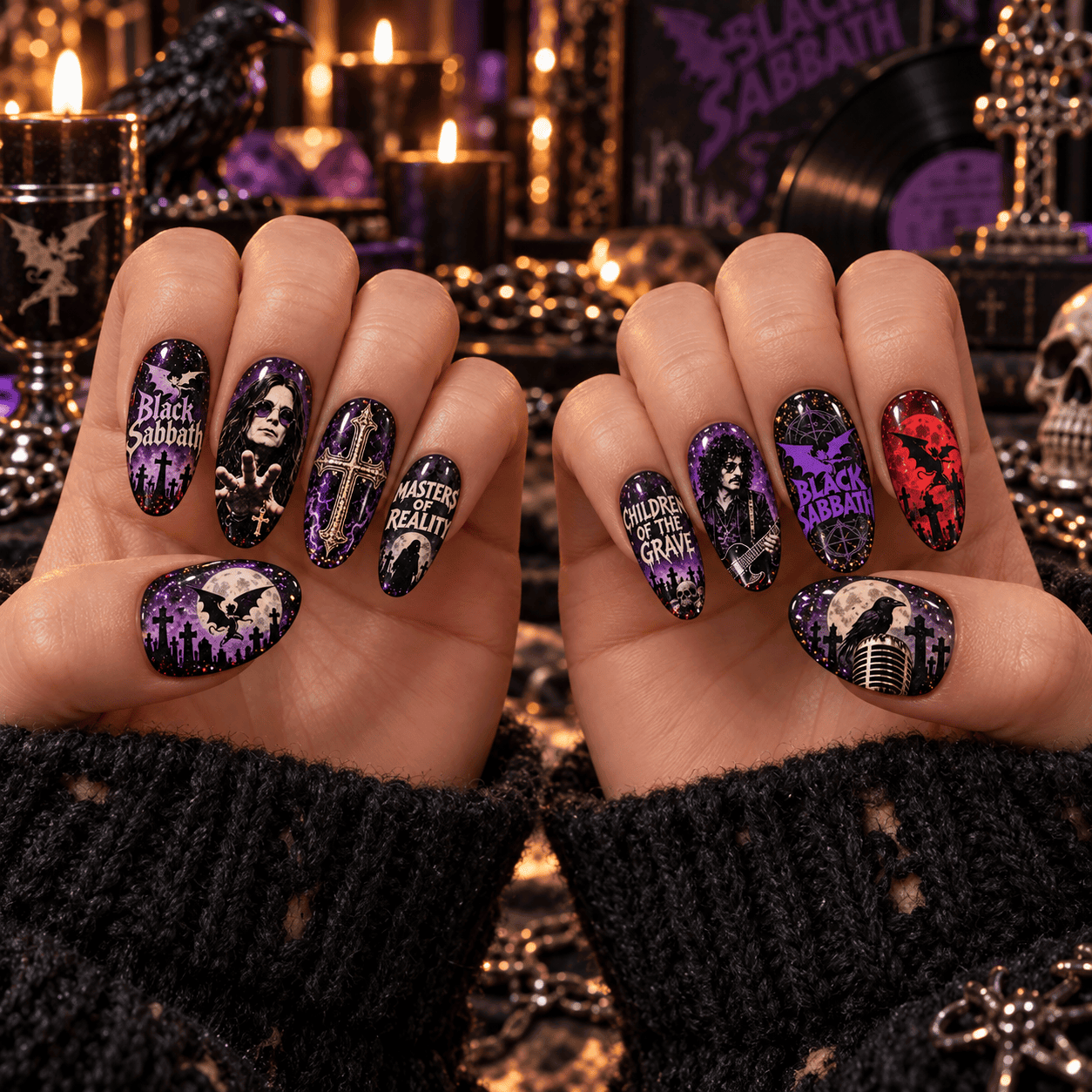 Black Sabbath Purple Flames Gothic Portrait Press-On Nail Set for Heavy Metal Fans NDN Press On Nail Worn Image