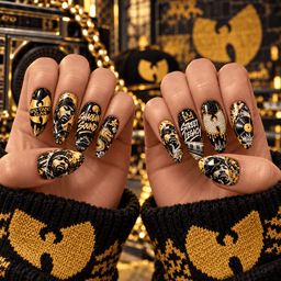 Wu-Tang Clan Black and Gold W Logo Press-On Nail Set for Hip-Hop Fans NDN Press On Nail Worn Image