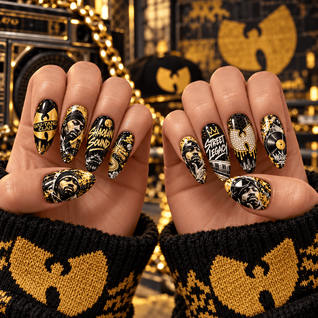 Wu-Tang Clan Black and Gold W Logo Press-On Nail Set for Hip-Hop Fans NDN Press On Nail Worn Image
