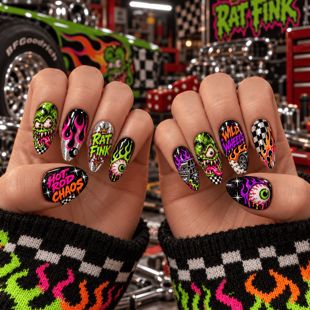 Rat Fink Neon Hot Rod Monster Press-On Nail Set for Hot Rod Art Fans NDN Press On Nail Worn Image