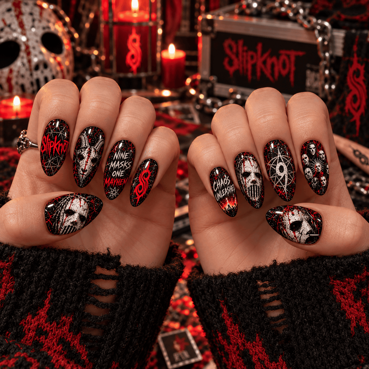 Slipknot Masked Portrait and Red Nonagram Press-On Nail Set for Metal Fans NDN Press On Nail Worn Image