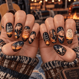 Zach Bryan Western Sunset and Guitar Press-On Nail Set for Country Music Fans NDN Press On Nail Worn Image