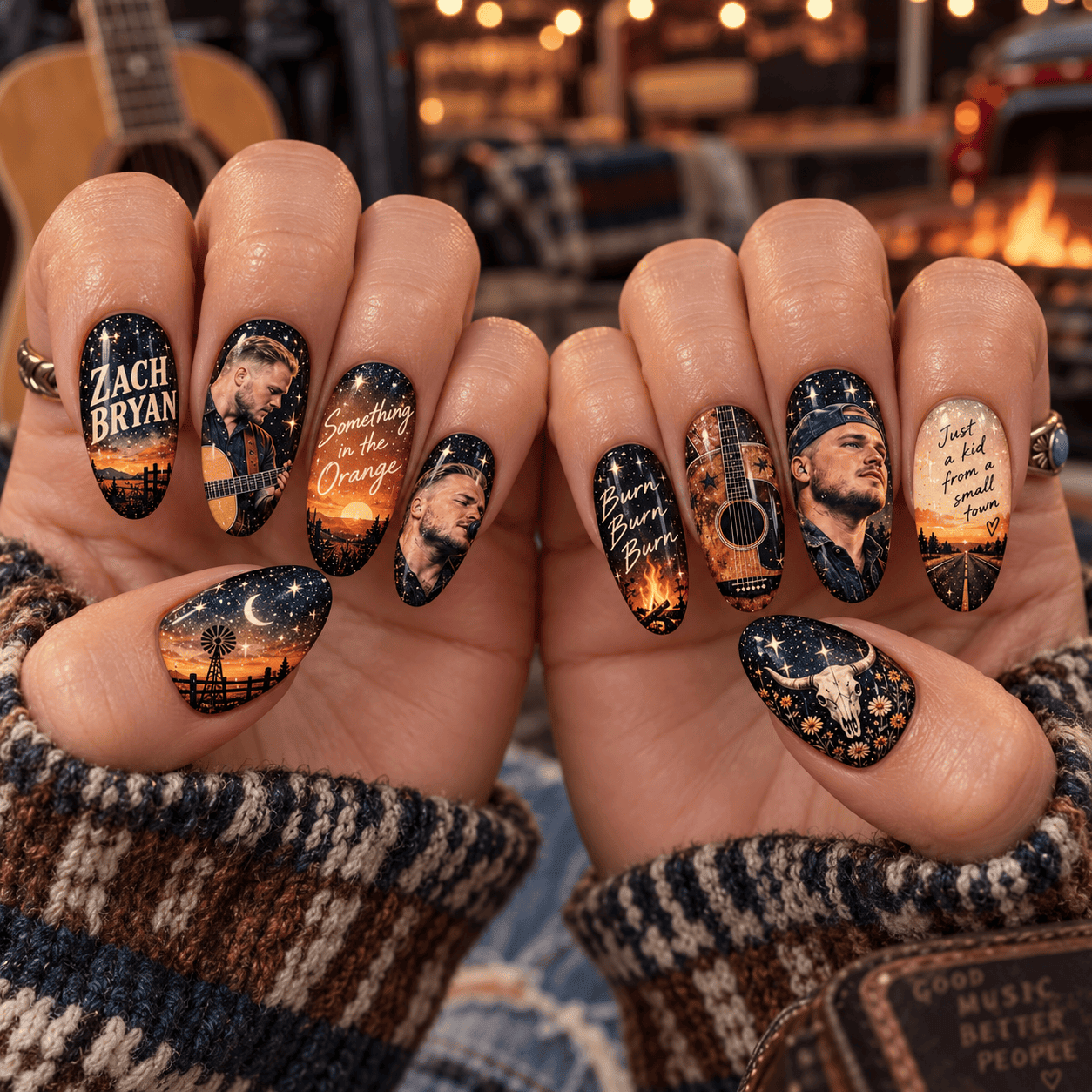 Zach Bryan Western Sunset and Guitar Press-On Nail Set for Country Music Fans NDN Press On Nail Worn Image