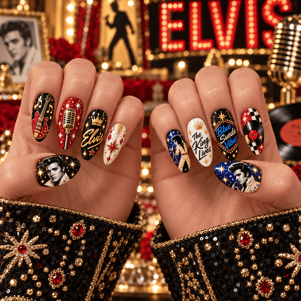 Elvis Presley The King Vegas Portrait Press-On Nail Set for Rock And Roll Fans NDN Press On Nail Worn Image