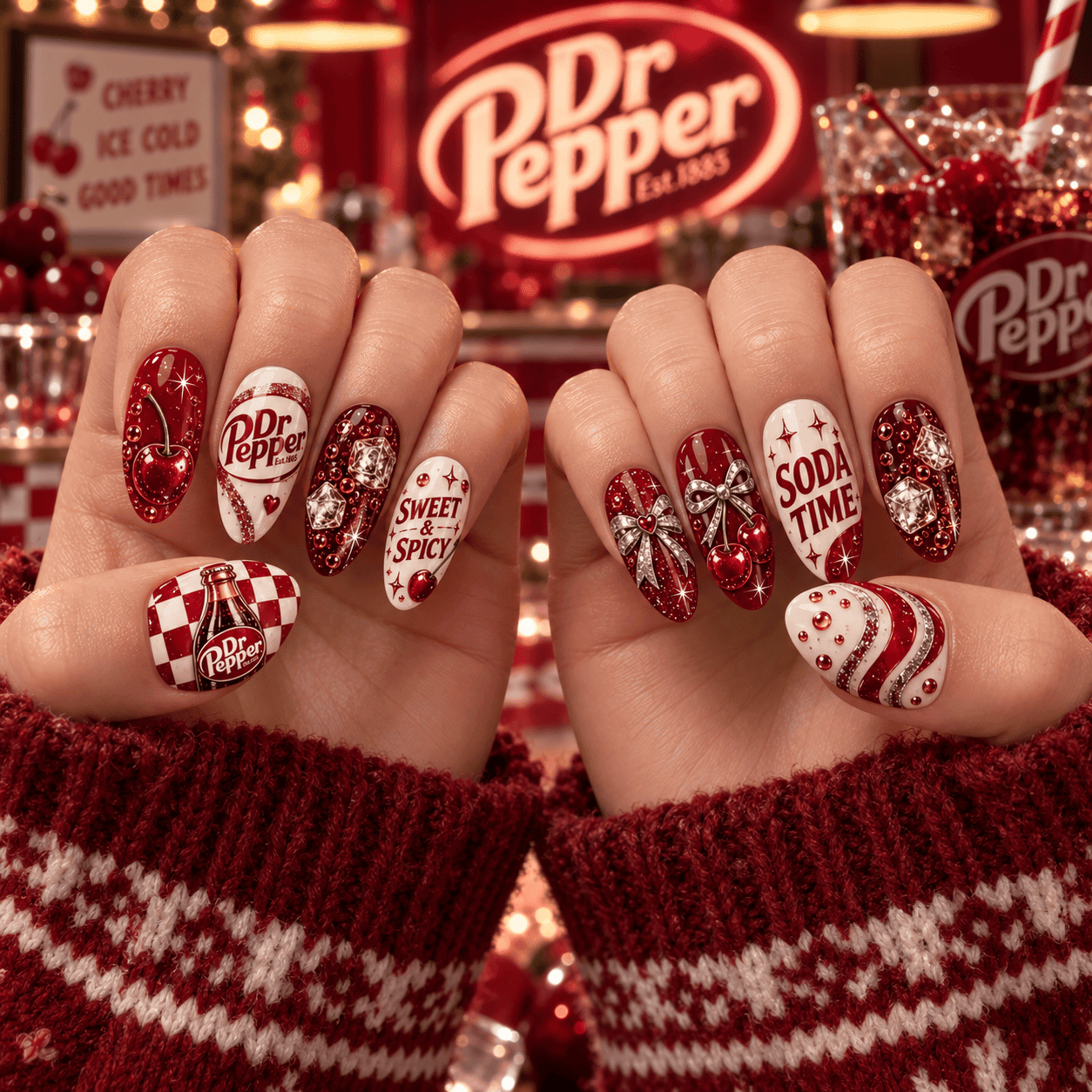 Dr Pepper Vintage Soda Time Press-On Nail Set for Retro Soda Fans NDN Press On Nail Worn Image