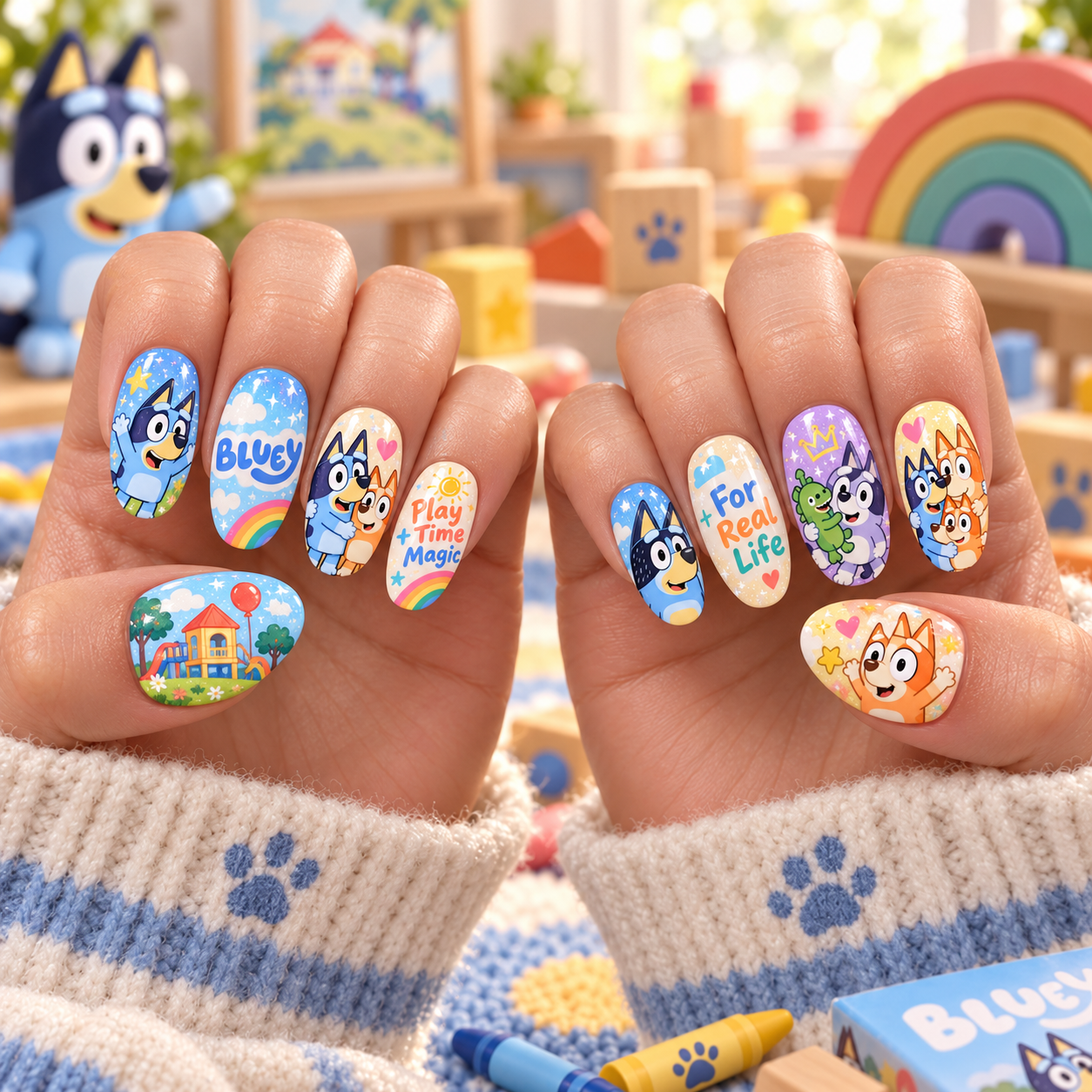 Bluey Bluey and Bingo Family Press-On Nail Set for Animated Character Fans NDN Press On Nail Worn Image