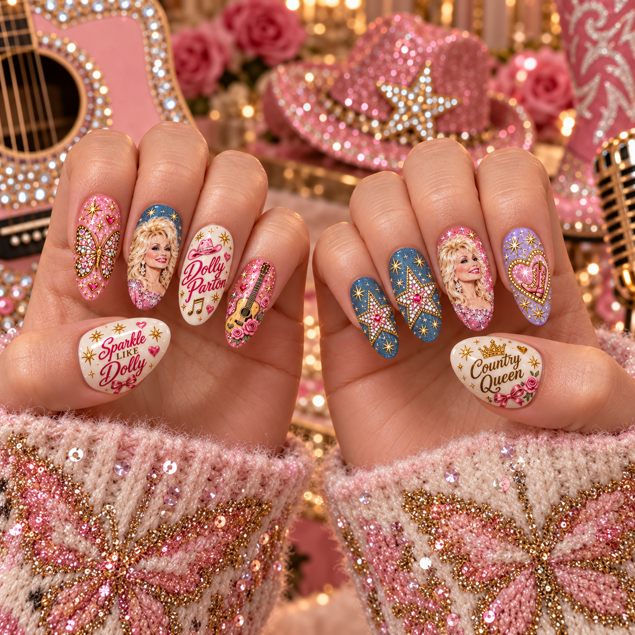 Dolly Parton Pink Butterfly Country Glamour Press-On Nail Set for Country Music Fans NDN Press On Nail Worn Image