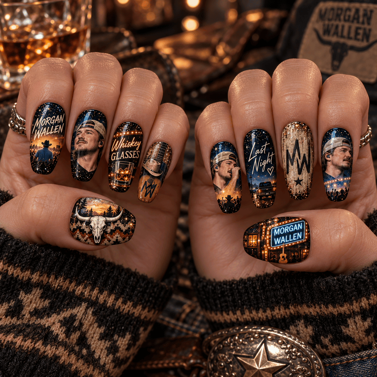 Morgan Wallen Country Sunset Portrait Press-On Nail Set for Country Music Fans NDN Press On Nail Worn Image