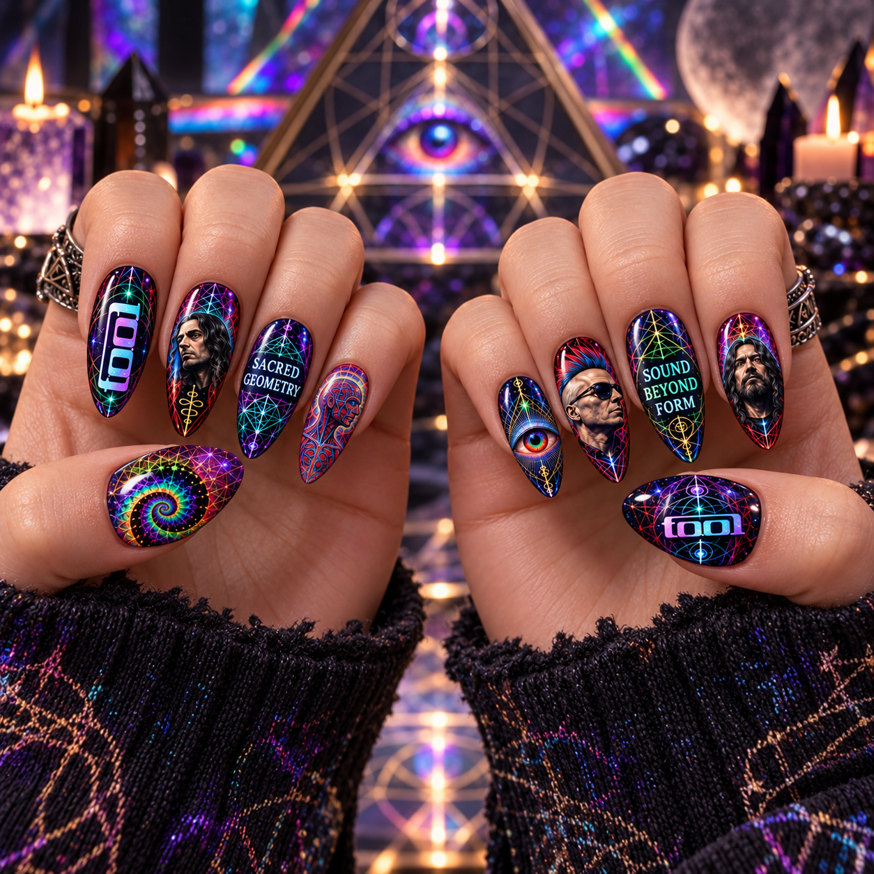 Tool Psychedelic Sacred Geometry Press-On Nail Set for Progressive Metal Fans NDN Press On Nail Worn Image