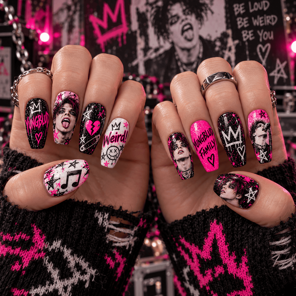 YUNGBLUD Hot Pink Graffiti Portrait Press-On Nail Set for Alternative Rock Fans NDN Press On Nail Worn Image