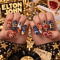 Elton John Piano and Starburst Portrait Press-On Nail Set for Pop Rock Fans NDN Press On Nail Worn Image