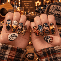 Luke Combs Country Portrait and Beer Motifs Press-On Nail Set for Country Music Fans NDN Press On Nail Worn Image