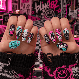 Blink-182 Smiley Logo Pop Punk Press-On Nail Set for Pop Punk Fans NDN Press On Nail Worn Image