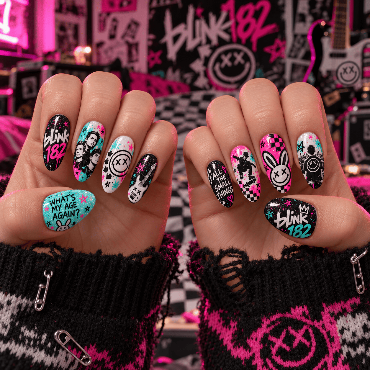 Blink-182 Smiley Logo Pop Punk Press-On Nail Set for Pop Punk Fans NDN Press On Nail Worn Image