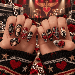 Bon Jovi Winged Heart and Rose Portrait Press-On Nail Set for Rock Fans NDN Press On Nail Worn Image