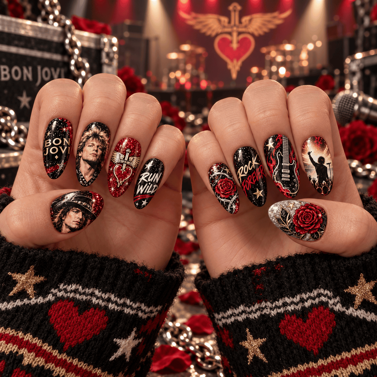 Bon Jovi Winged Heart and Rose Portrait Press-On Nail Set for Rock Fans NDN Press On Nail Worn Image