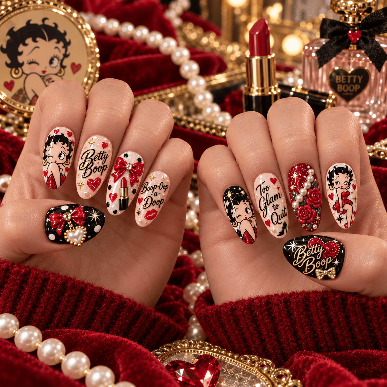 Betty Boop Red Hearts and Kisses Press-On Nail Set for Classic Cartoon Fans NDN Press On Nail Worn Image