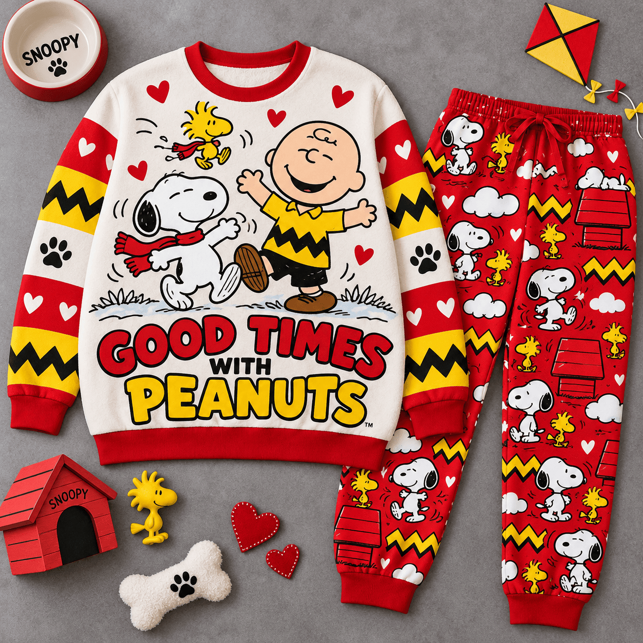Premium Peanuts Good Times with Snoopy Graphic Sweater and Jogger Pants Set NDN Flat Set Mockup