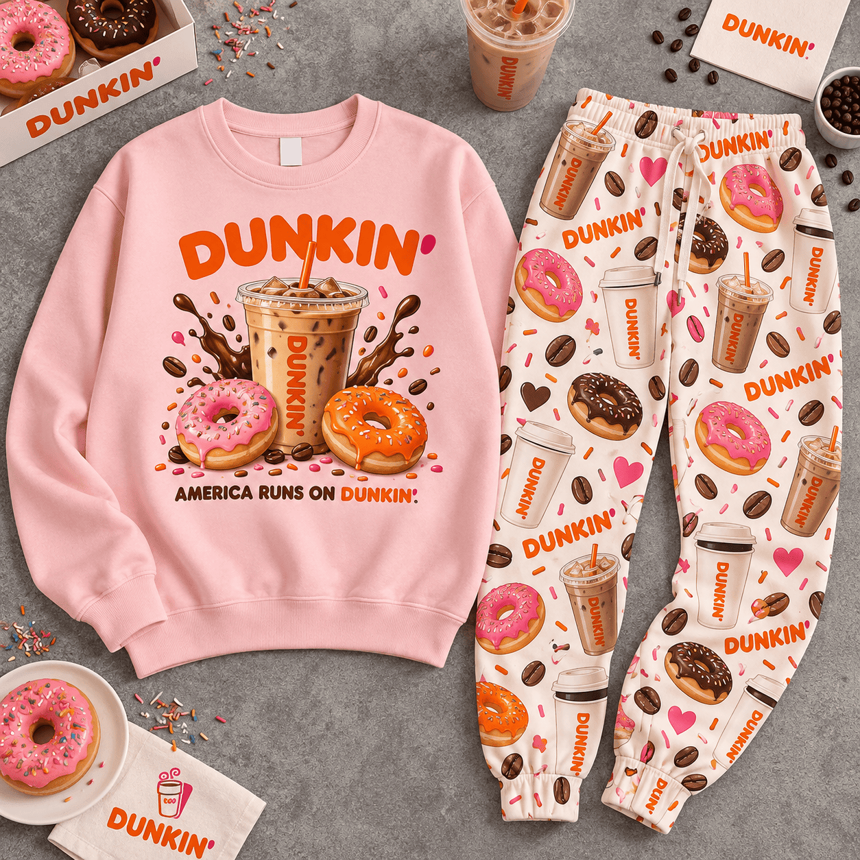 Premium Dunkin' America Runs on Dunkin' Graphic Sweater and Jogger Pants Set NDN Flat Set Mockup