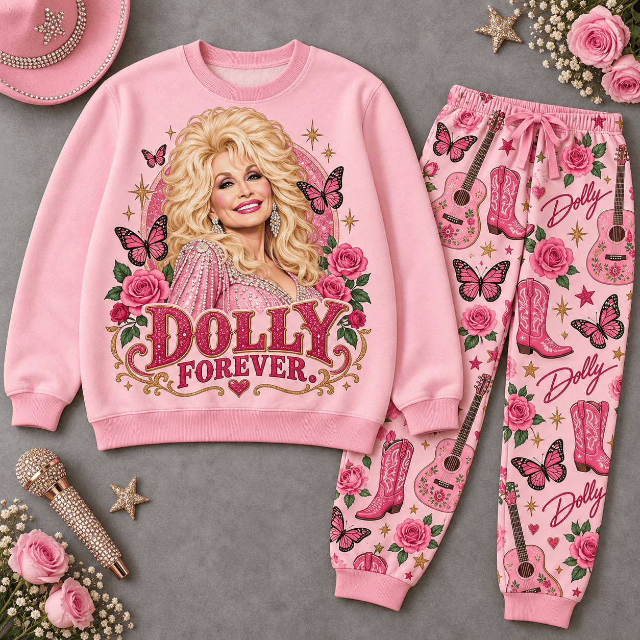 Premium Dolly Forever Pink Butterfly Graphic Sweater and Jogger Pants Set for Fans NDN Flat Set Mockup