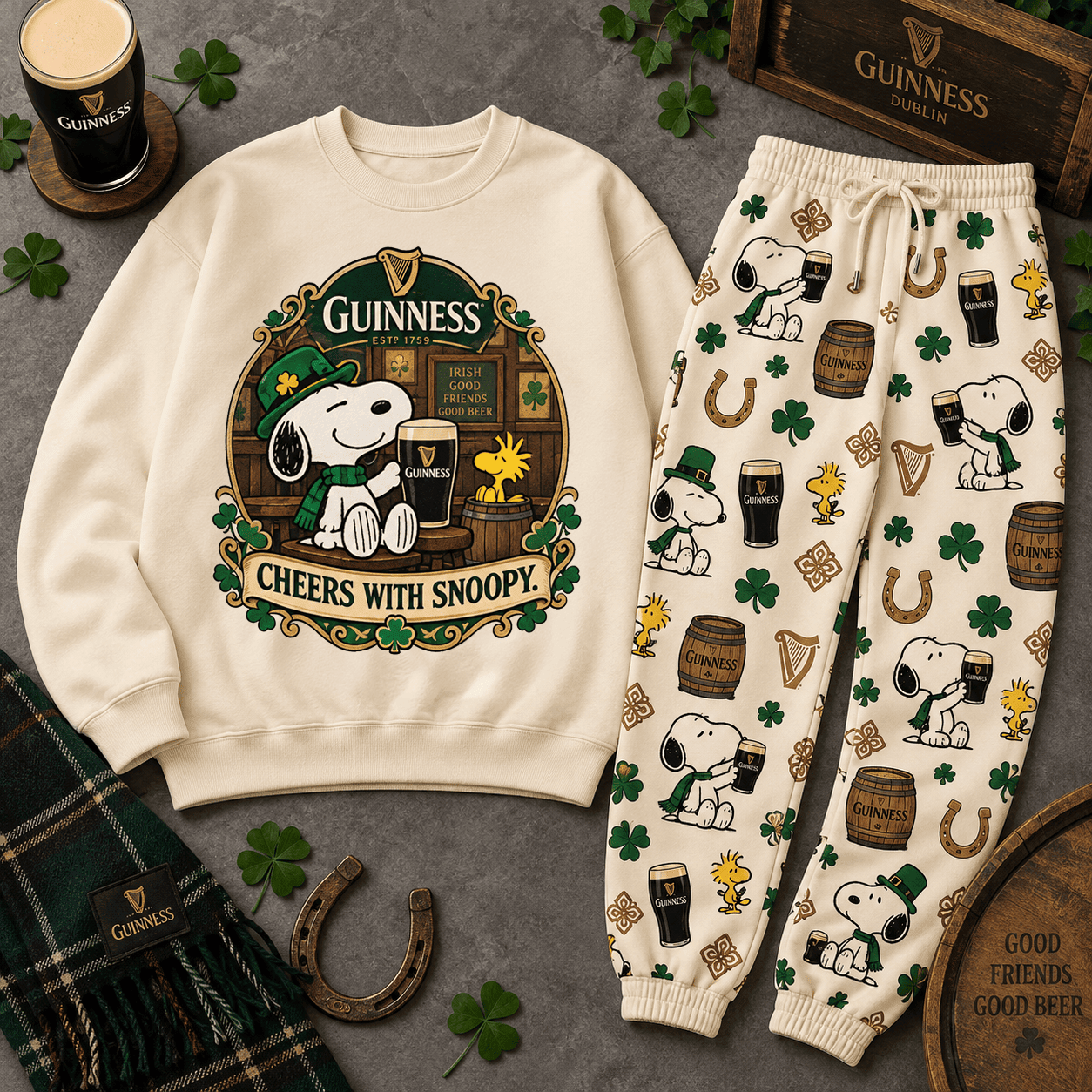 Premium Guinness Snoopy Cheers Graphic Sweater and Jogger Pants Set for Fans NDN Flat Set Mockup