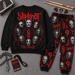 Premium Slipknot The Nine Skull Graphic Sweater and Jogger Pants Set for Fans NDN Flat Set Mockup