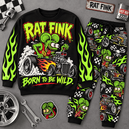 Premium Rat Fink Born to Be Wild Graphic Sweater and Jogger Pants Set NDN Flat Set Mockup