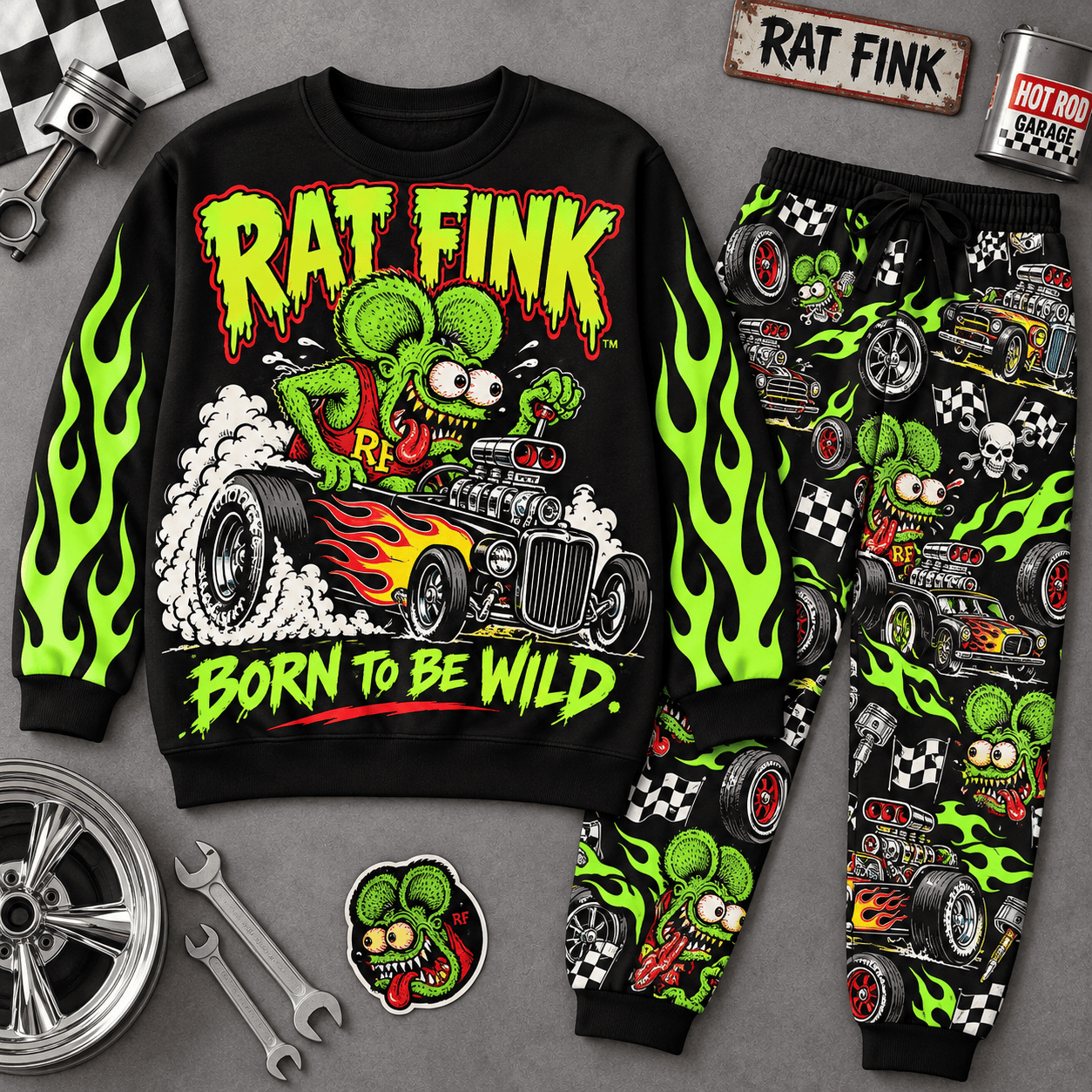 Premium Rat Fink Born to Be Wild Graphic Sweater and Jogger Pants Set NDN Flat Set Mockup