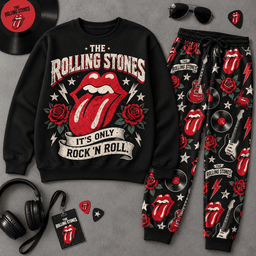 Premium Rolling Stones It's Only Rock N Roll Graphic Sweater and Jogger Pants Set NDN Flat Set Mockup