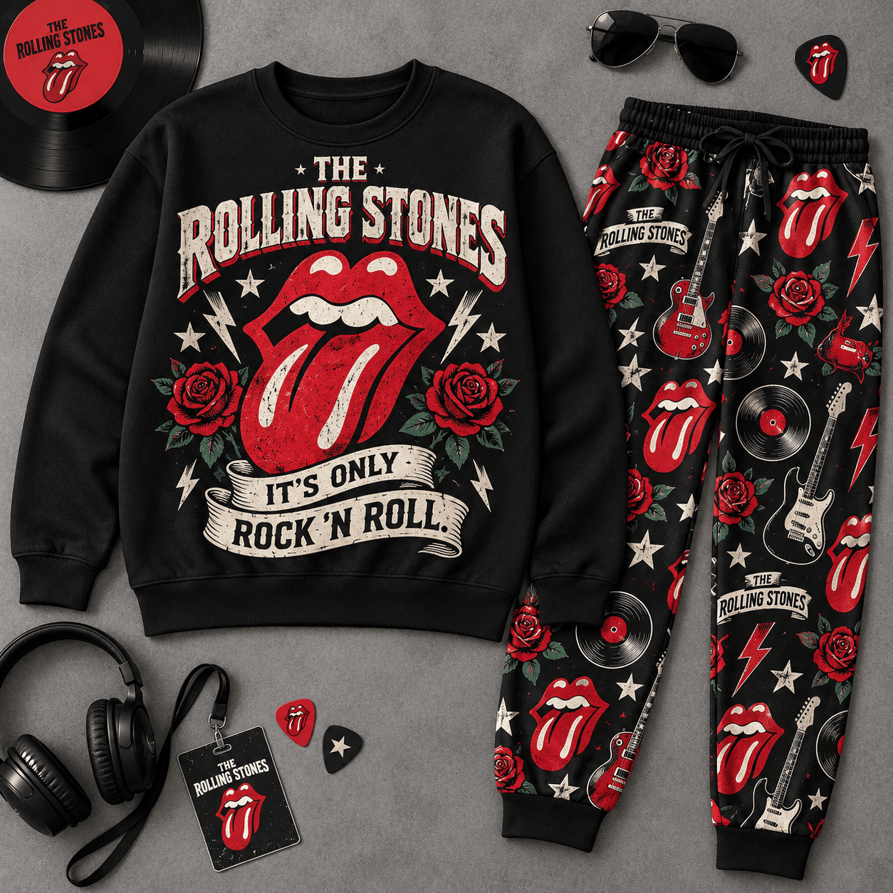 Premium Rolling Stones It's Only Rock N Roll Graphic Sweater and Jogger Pants Set NDN Flat Set Mockup