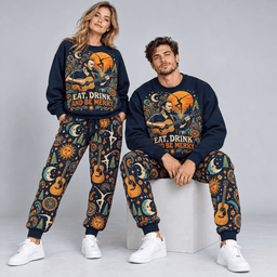 Premium Eat Drink and Be Merry Graphic Sweater and Jogger Pants Set NDN Worn Set Mockup