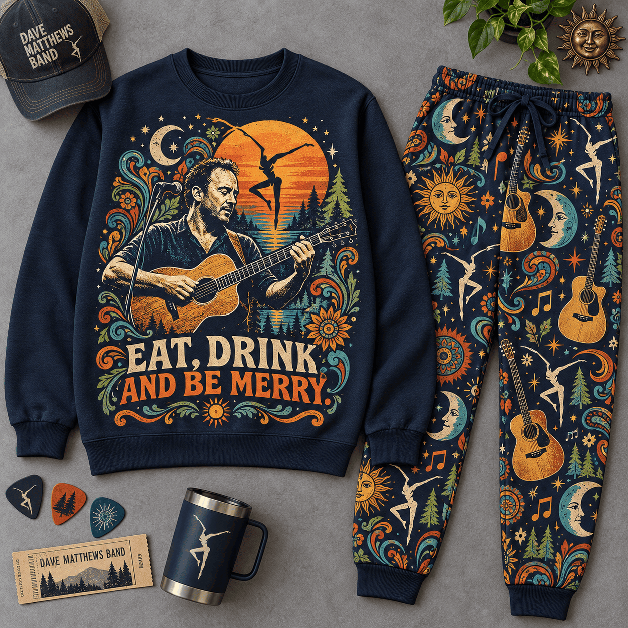 Premium Eat Drink and Be Merry Graphic Sweater and Jogger Pants Set NDN Flat Set Mockup