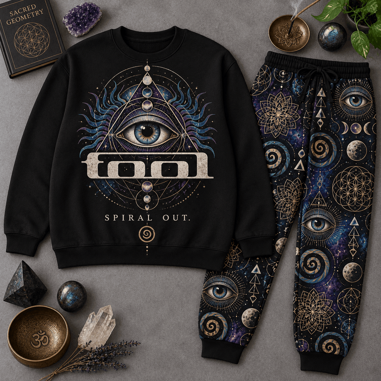 Premium Tool Spiral Out Eye Graphic Sweater and Jogger Pants Set for Fans NDN Flat Set Mockup