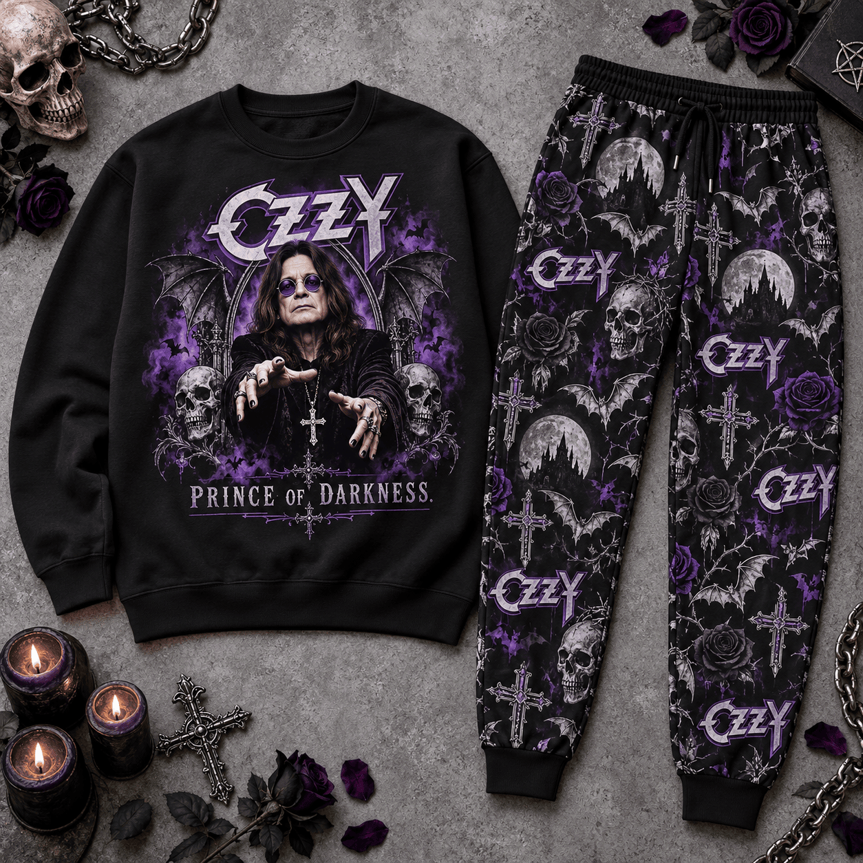 Premium Ozzy Prince of Darkness Graphic Sweater and Jogger Pants Set for Fans NDN Flat Set Mockup