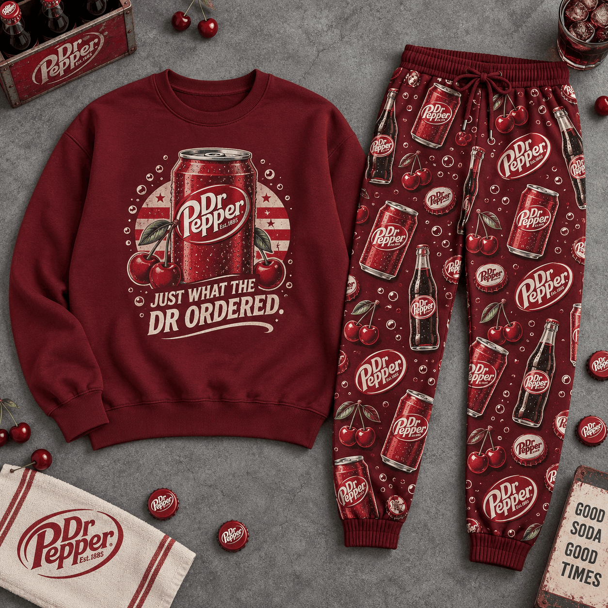 Premium Dr Pepper Just What the Dr Ordered Graphic Sweater and Jogger Pants Set NDN Flat Set Mockup