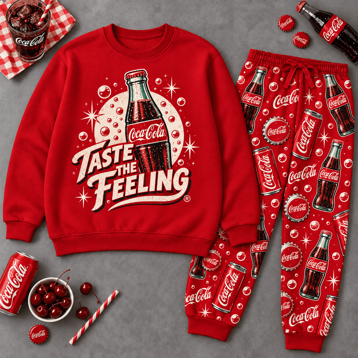 Premium Coca-Cola Taste the Feeling Graphic Sweater and Jogger Pants Set for Fans NDN Flat Set Mockup