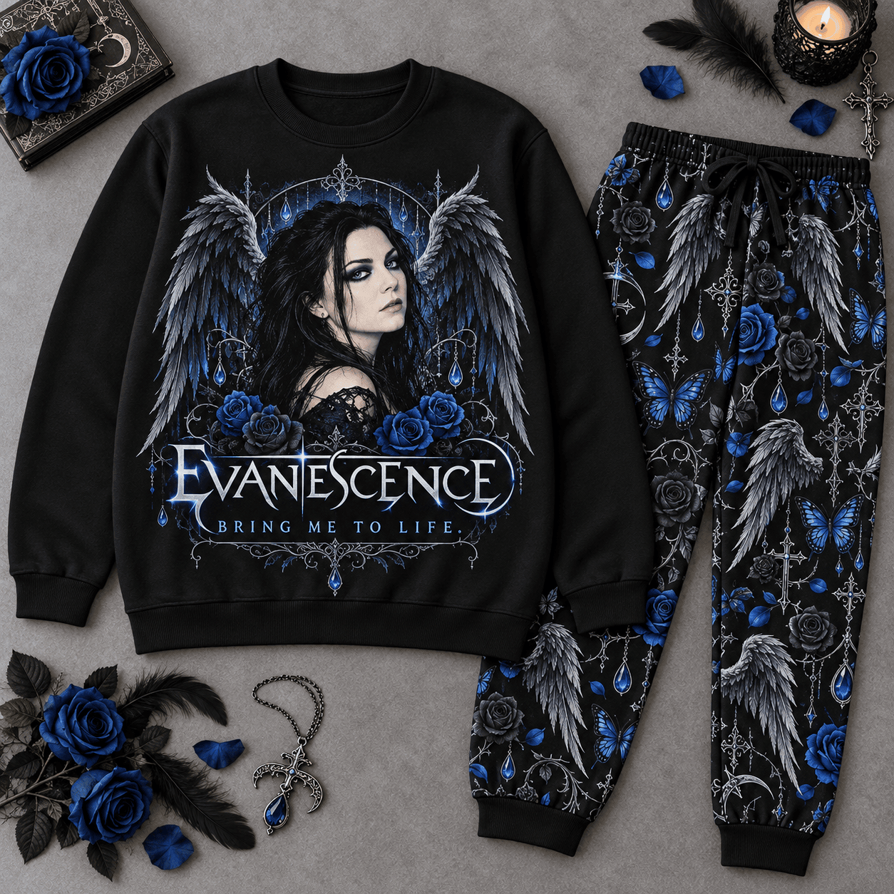 Premium Evanescence Bring Me to Life Graphic Sweater and Jogger Pants Set NDN Flat Set Mockup